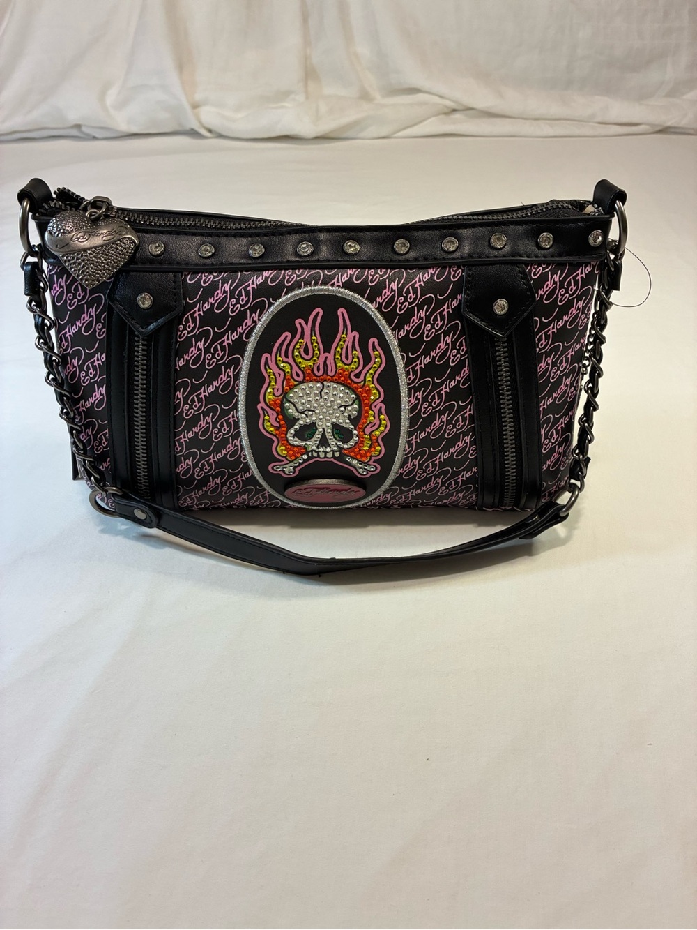 Ed Hardy Pink Black Skull Flame Shoulder Bag with Stud & Chain Accents